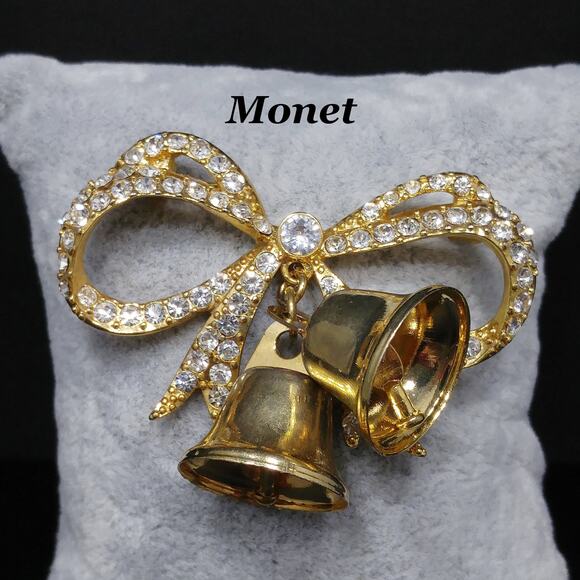 Vintage Monet Christmas Rhinestone Bell Brooch, Gold Tone, Two Bells, 1960s - Picture 1 of 10